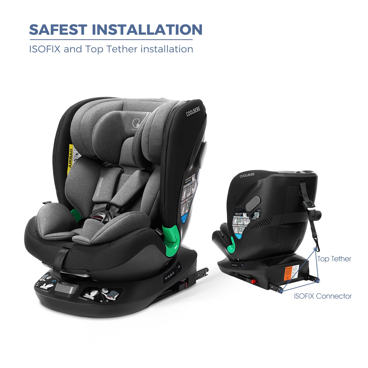 Coolbebe Odyssey 360° Rotatable Child Seat, i-Size Car Seat from 40-135 cm (0-10 Years) with ISOFIX and Top Tether for Children, with Maximum Side Impact Protection, Child Car Seat, ECE R129 (Black)
