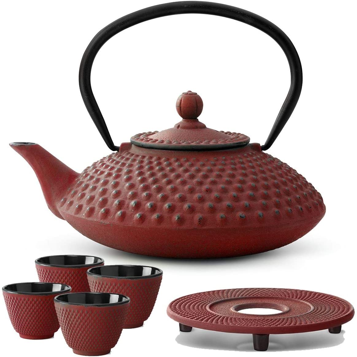 Bredemeijer Asian Cast Iron Teapot Set Red 1.25 Litres with Tea Filter Strainer with Saucer and Tea Cup (4 Cups)