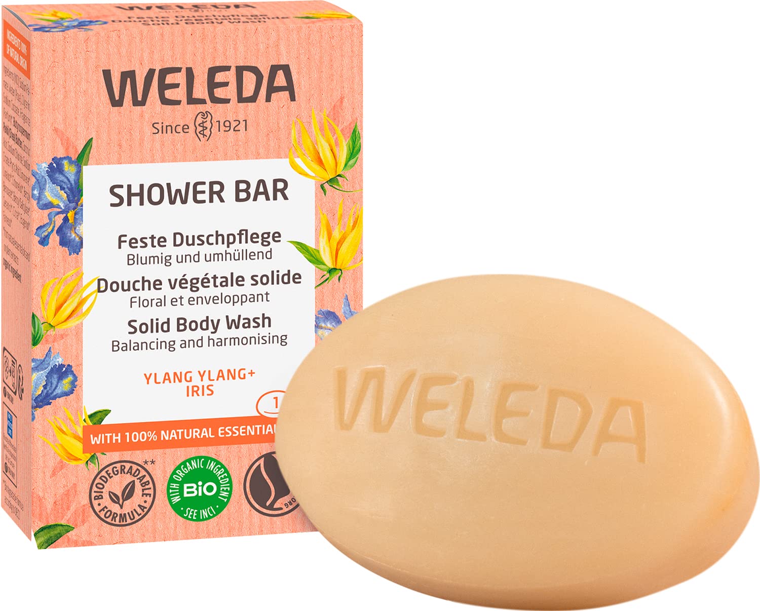 WELEDA Organic Shower Bar Ylang & Iris - Solid Natural Cosmetics Shower Gel with Harmonising Fragrance and Creamy Soft Foam Solid Shower Soap Vegan and Plastic Free for Men & Women (1 x 75g)