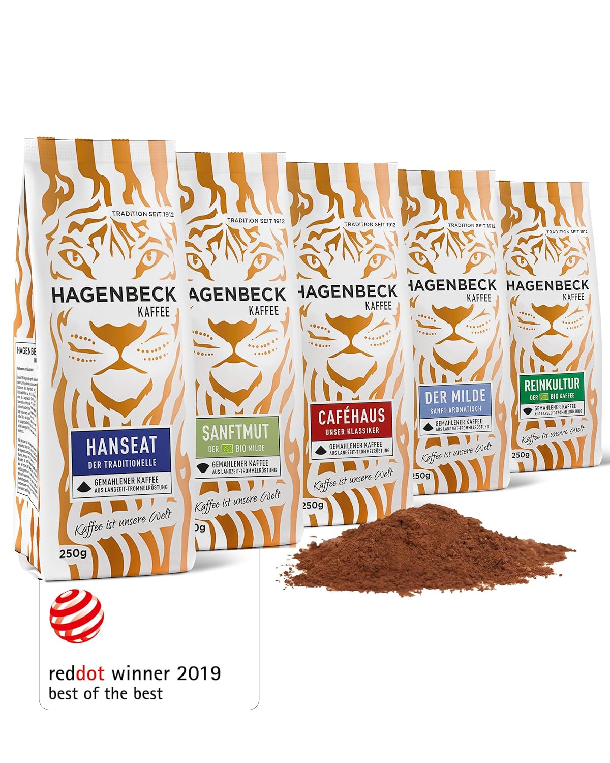 Hagenbeck Ground Coffee | Tasting set with 5 aromatic filter coffee varieties from traditional roasting | 250g each Caféhaus, Hanseat, Der Milde, Bio-Reinkultur & Bio-Gentleness