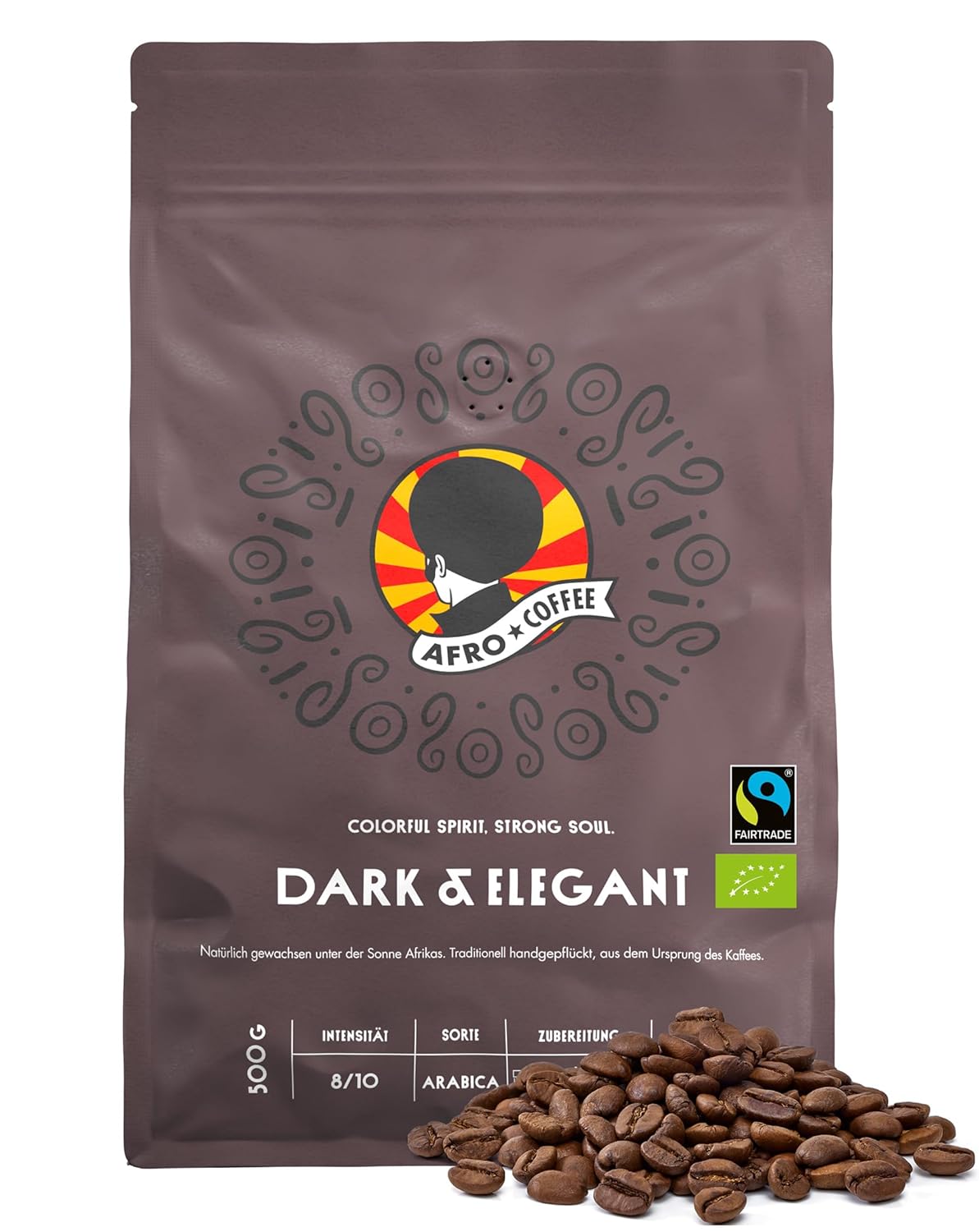 AFRO COFFEE Dark & ​​Elegant I 500 g Premium Organic Coffee Beans Fairtrade I 100% Arabica Coffee Beans I Bean Coffee from Ethiopia with Notes of Bitter Chocolate I Hand Picked, Dark Roasted, Low Acid