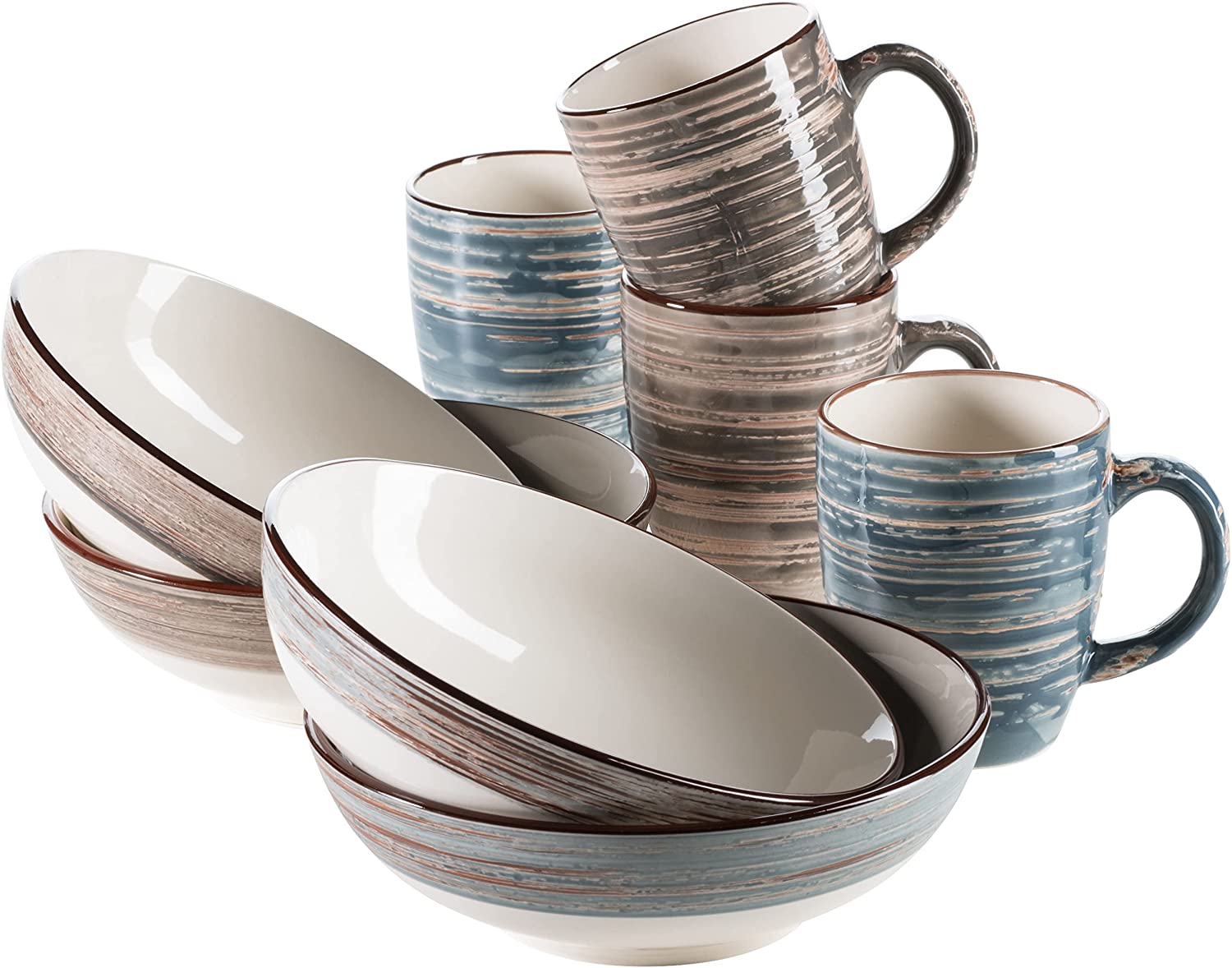 Mäser 931392 Duo Series 4 Coffee Cups and 4 Large Cereal Bowls in Shabby Chic Vintage Design Ceramic Blue / Brown