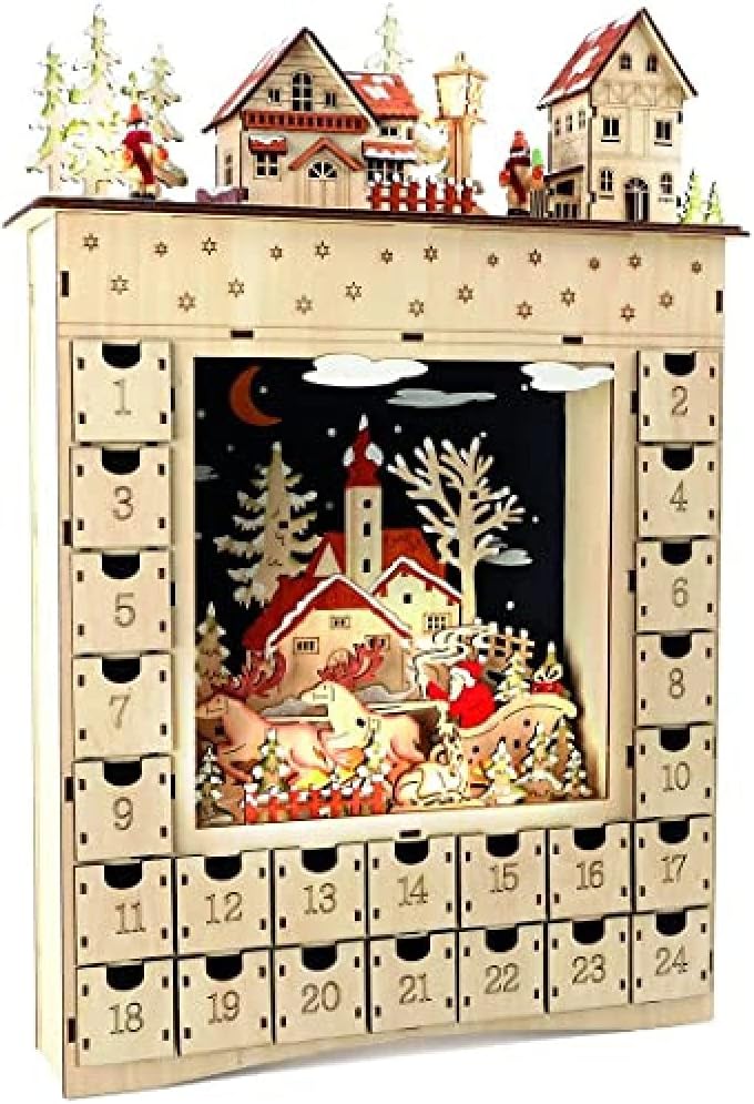 Small Foot Advent calendar "Winter Dream" made of wood, with carvings and lighting, approx. 34 x 7.5 x 52 cm, 10215