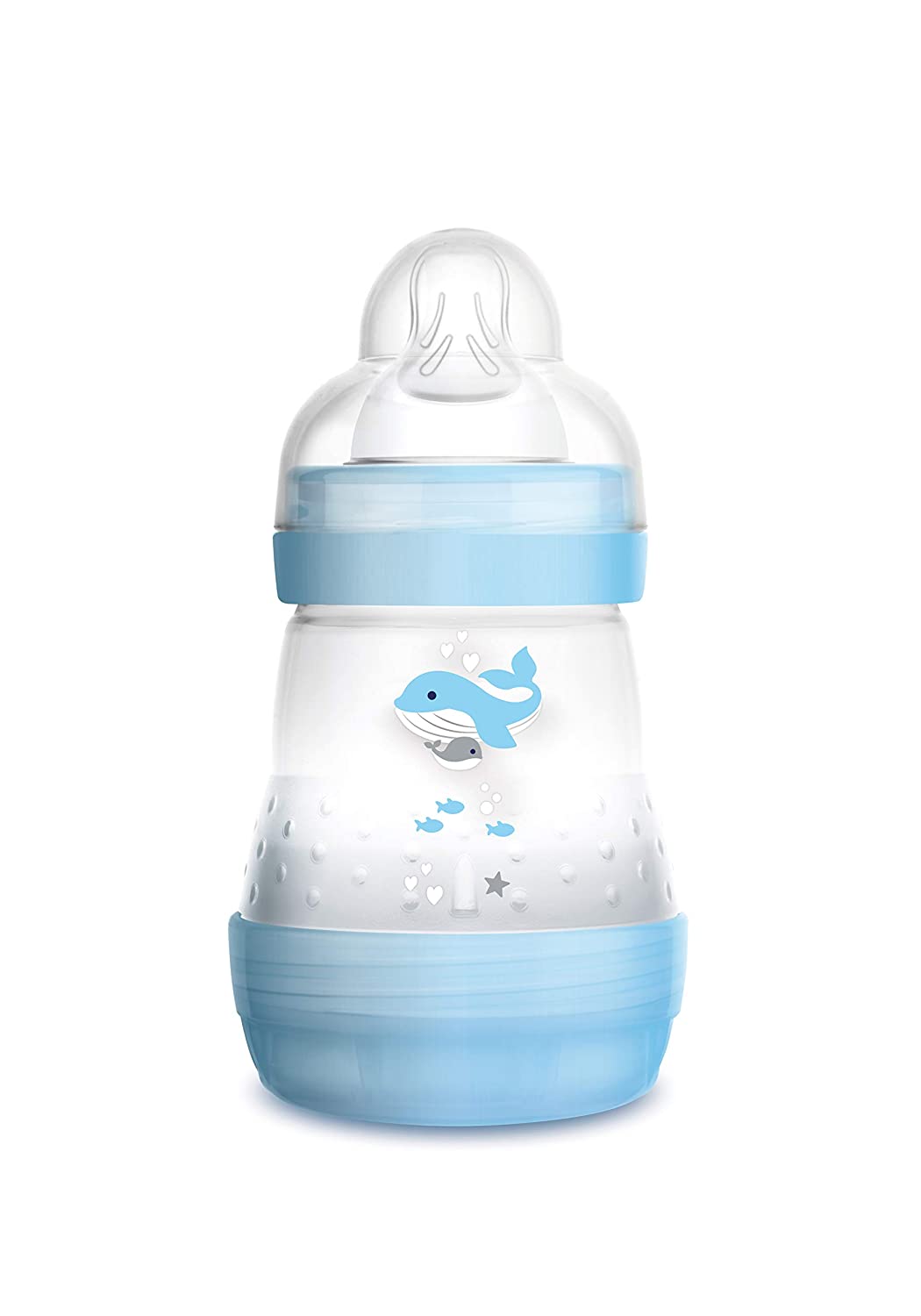 MAM Easy Start anti-colic baby bottle (160 ml), milk bottle with innovative base valve to prevent colic, baby’s drinking bottle with size 1 teat, from birth, whale, blue