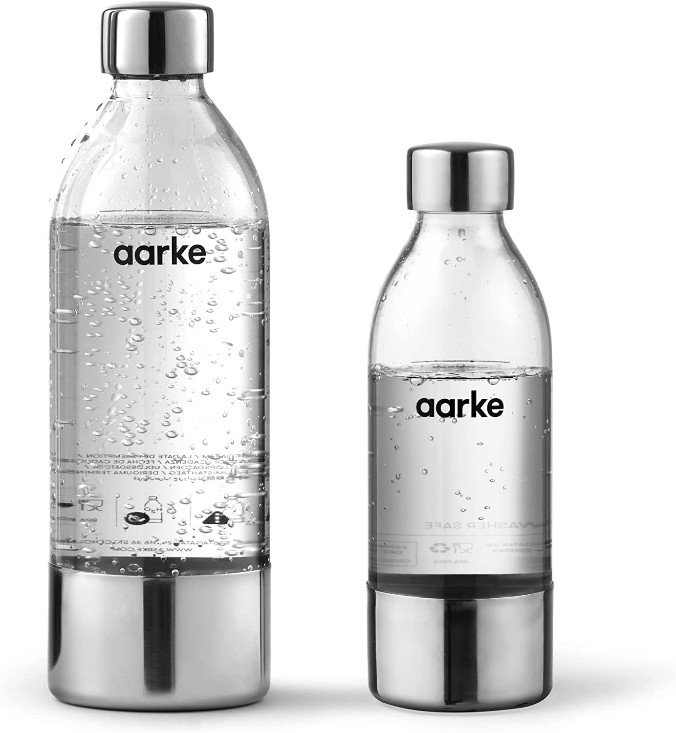 aarke 2 x Aarke PET Bottles for Carbonator 3, BPA-Free with Stainless Steel Details, 800 ml + 450 ml