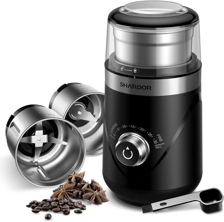 SHARDOR Coffee Grinder, Spice Mill for Wet and Dry Ingredients, Coffee Beans, Wet Ingredients, Nuts, Automatic Grinding Timer, Quiet Grinding, with Two 80 g Stainless Steel Grinding Cups