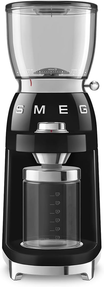 SMEG, Coffee Grinder CGF11BLEU, Conical Stainless Steel Grinder, 30 Grinding Settings, 350 g Coffee Bean Container, Premium Die-Cast Aluminum Housing, 150 W, Black