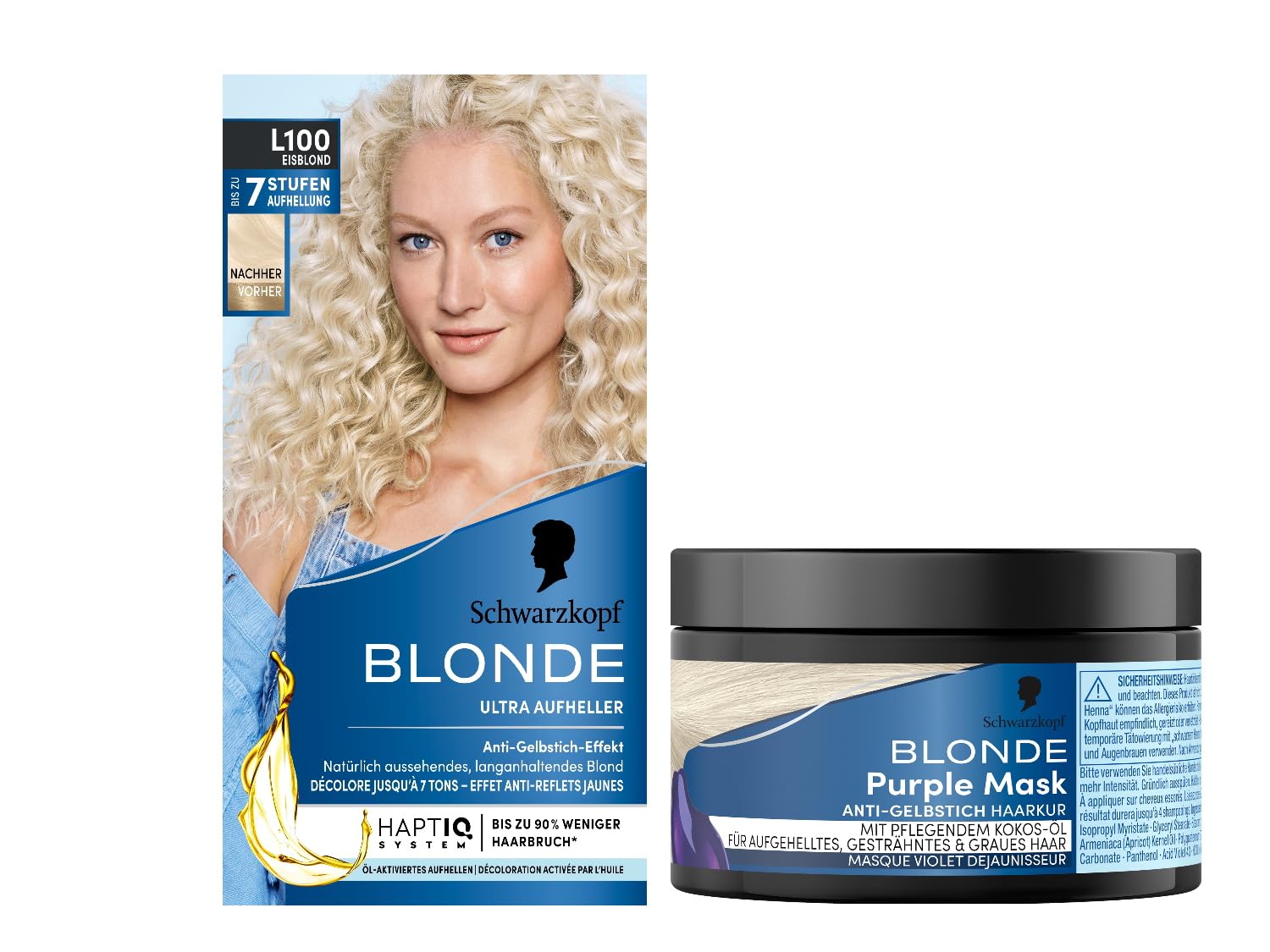 Schwarzkopf Blonde Lightener L100 Ice Blonde (175 ml) with HaptIQ System, for up to 8 Levels of Brightening & Purple Mask (150 ml) with Anti-Yellow Tint Effect, Vegan & Silicone-Free