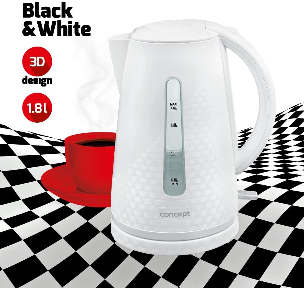Concept 1.8L Kettle 3D Modern Design Water Kettle Kettle 360 ° Black/White, pure white