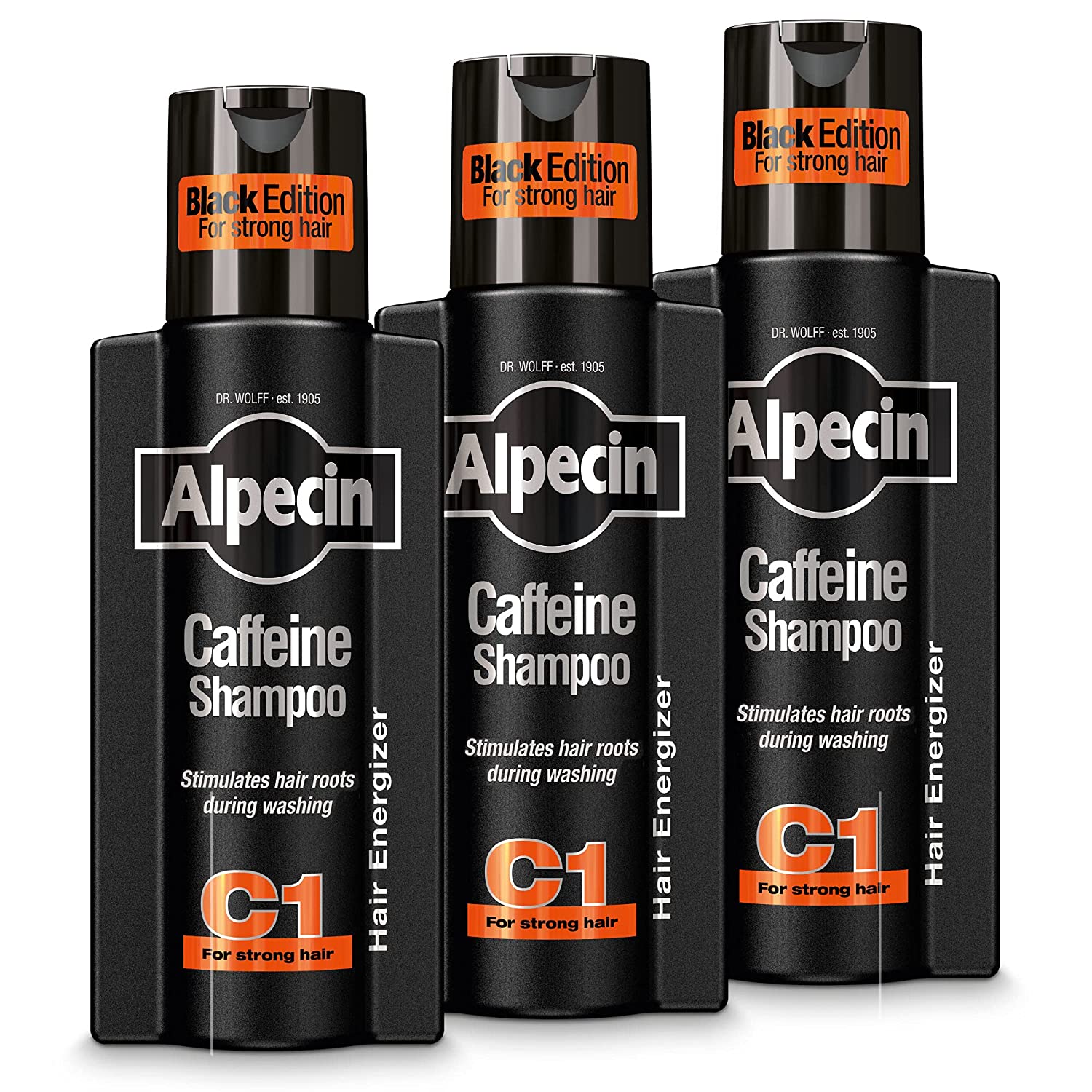 Alpecin Black Men\'s Shampoo with New Scent 3 x 250ml | Hair Growth Shampoo | Men\'s Shampoo for Natural Strong Hair | Hair Care for Men Made in Germany