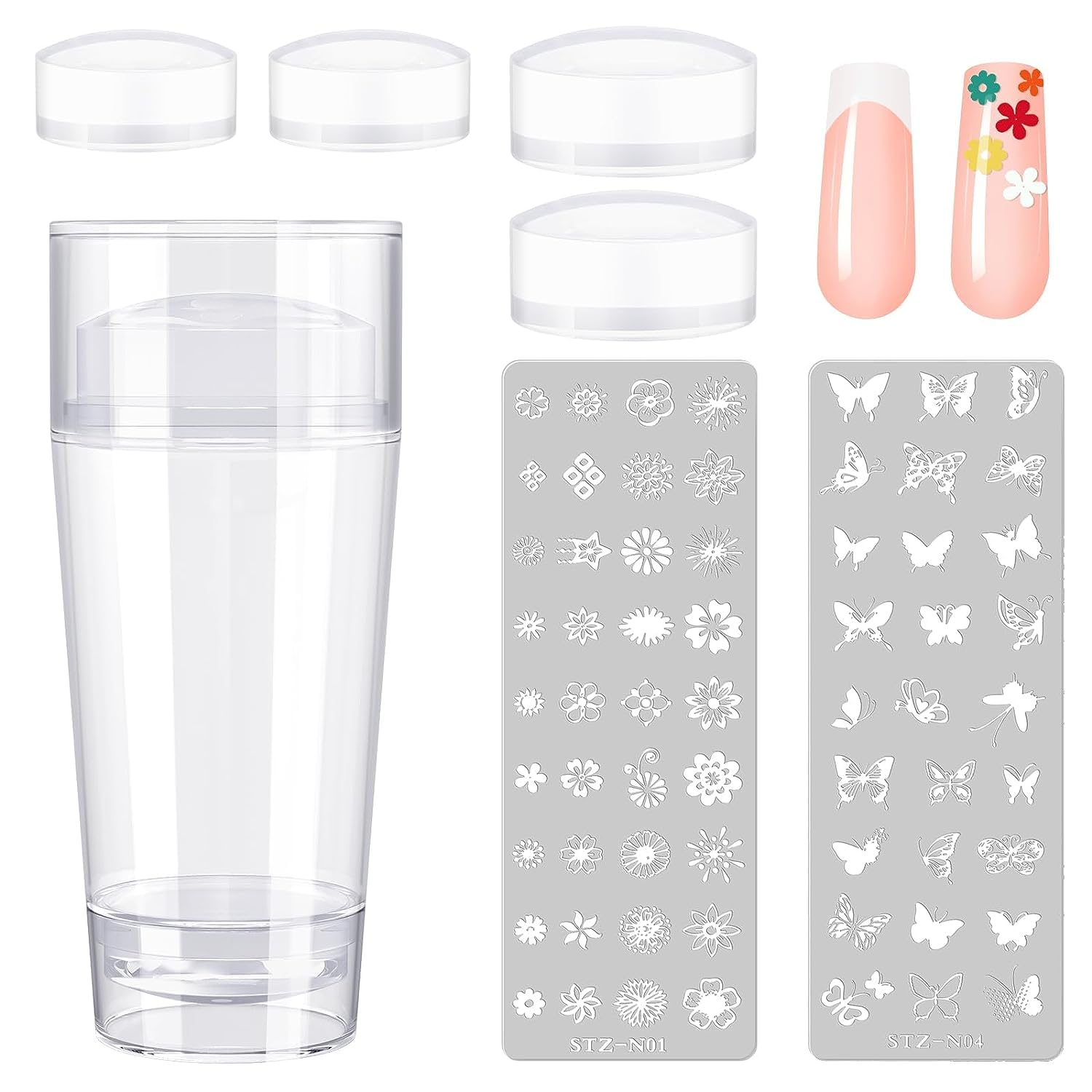 French Nails Stamp Set, 2 Pieces Nail Stamps for Nail Designs with 1 Scraper, 2 Nail Stamping Plates and 4 Silicone Gel Nail Stamp Heads