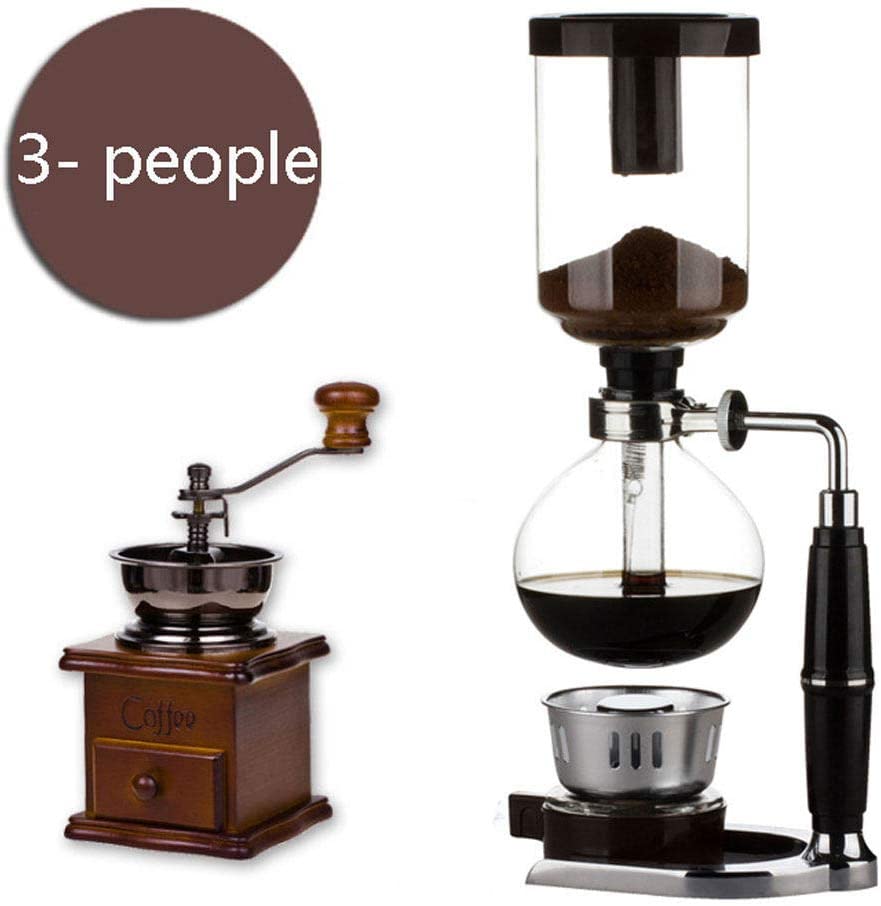 DAETNG Glass 3-5 Cup Coffee Siphon Tabletop Balance Siphon Gravity Coffee Machine and Spirit Burner with Wood Vintage Style Hand Mill Coffee Bean Spice, C