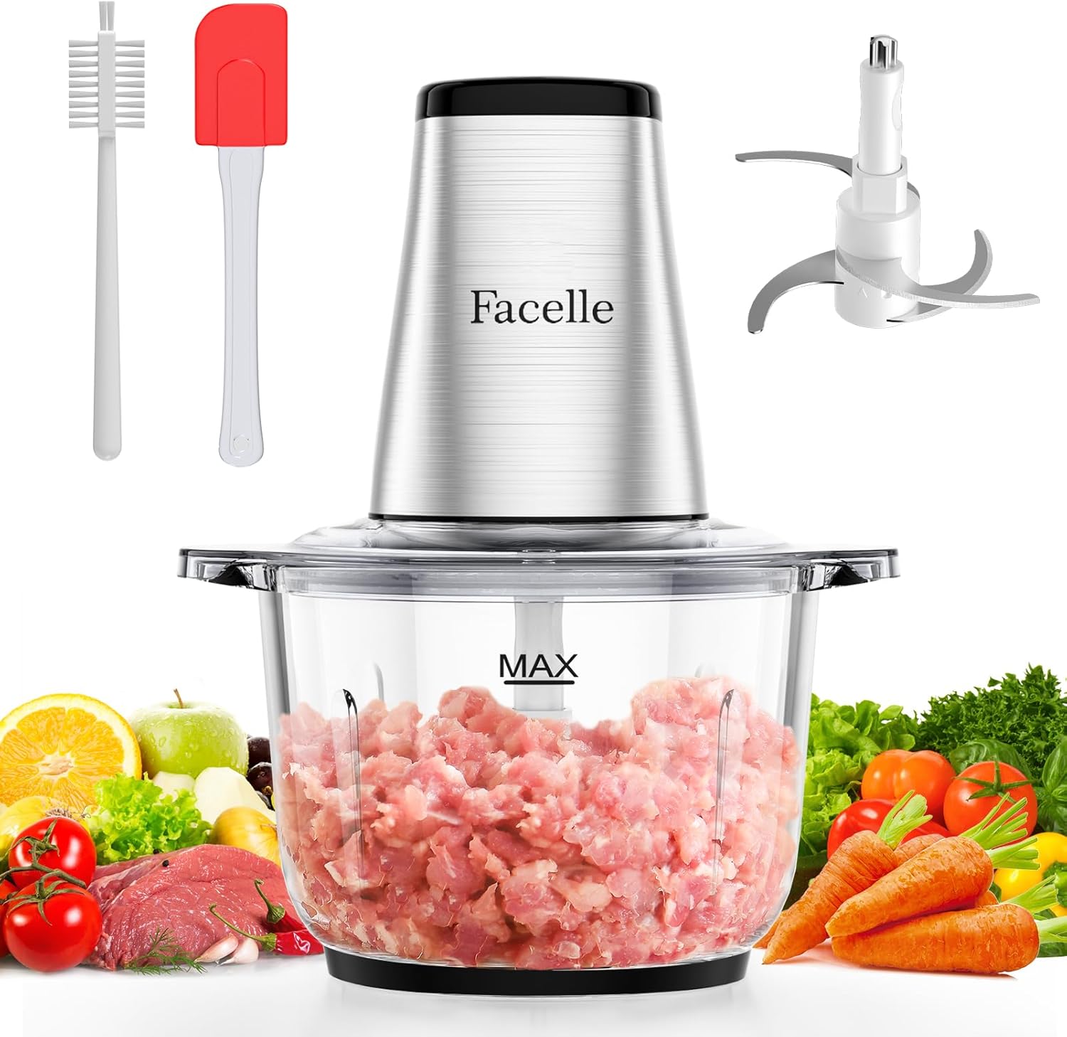 Facelle Electric Kitchen Meat Mincer 2L Multi Chopper Electric Food Processor 500 W with Glass Bowl & 4 Sharp Blades Meat/Vegetables/Fruit/Nuts/Baby Food