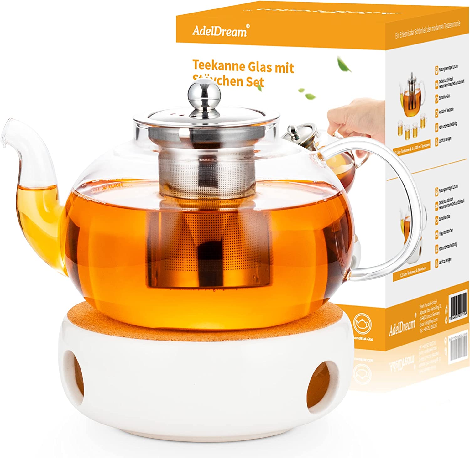 ADEL DREAM AdelDream Glass Teapot with Infuser, Teapot Glass Teapot with Stove Safe, Blooming and Loose Leaf Tea Maker Set (1200 ml + Tea Cosy)