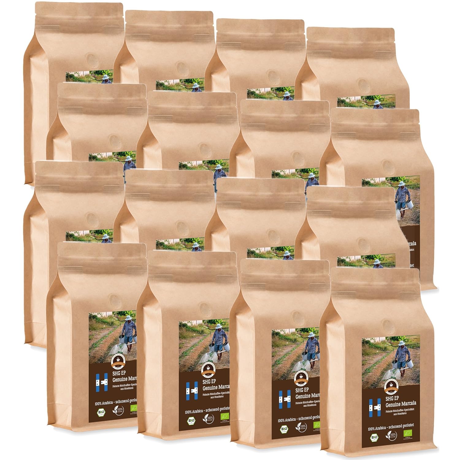 Coffee Globetrotter - Organic Honduras Genuine Marcala - 16 x 1000 g Very Fine Ground - for Fully Automatic Coffee Grinder - Roasted Coffee from Organic Cultivation | Gastropack Economy Pack