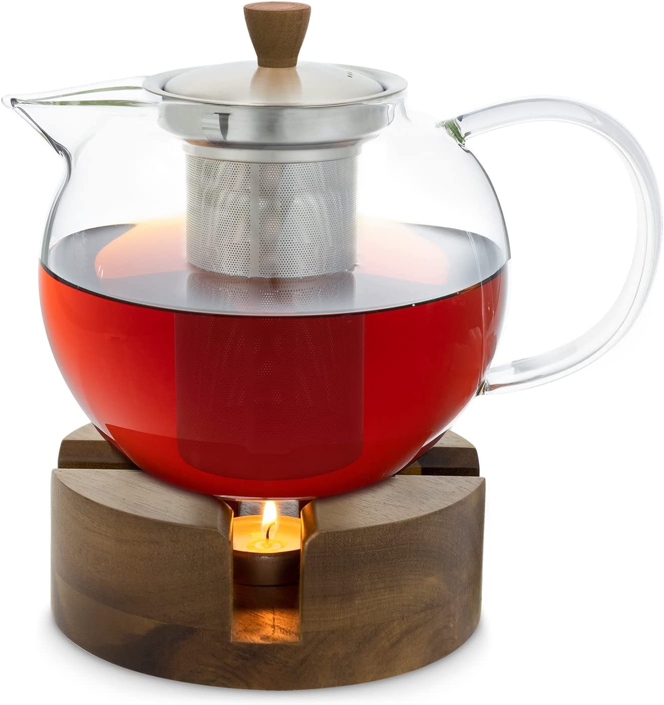 GLASWERK Teapot and Warmer Set (1.3 L) – Teapot with Warmer Made of Elegant Acacia Wood – Glass Teapot with Strainer Insert Made of Stainless Steel