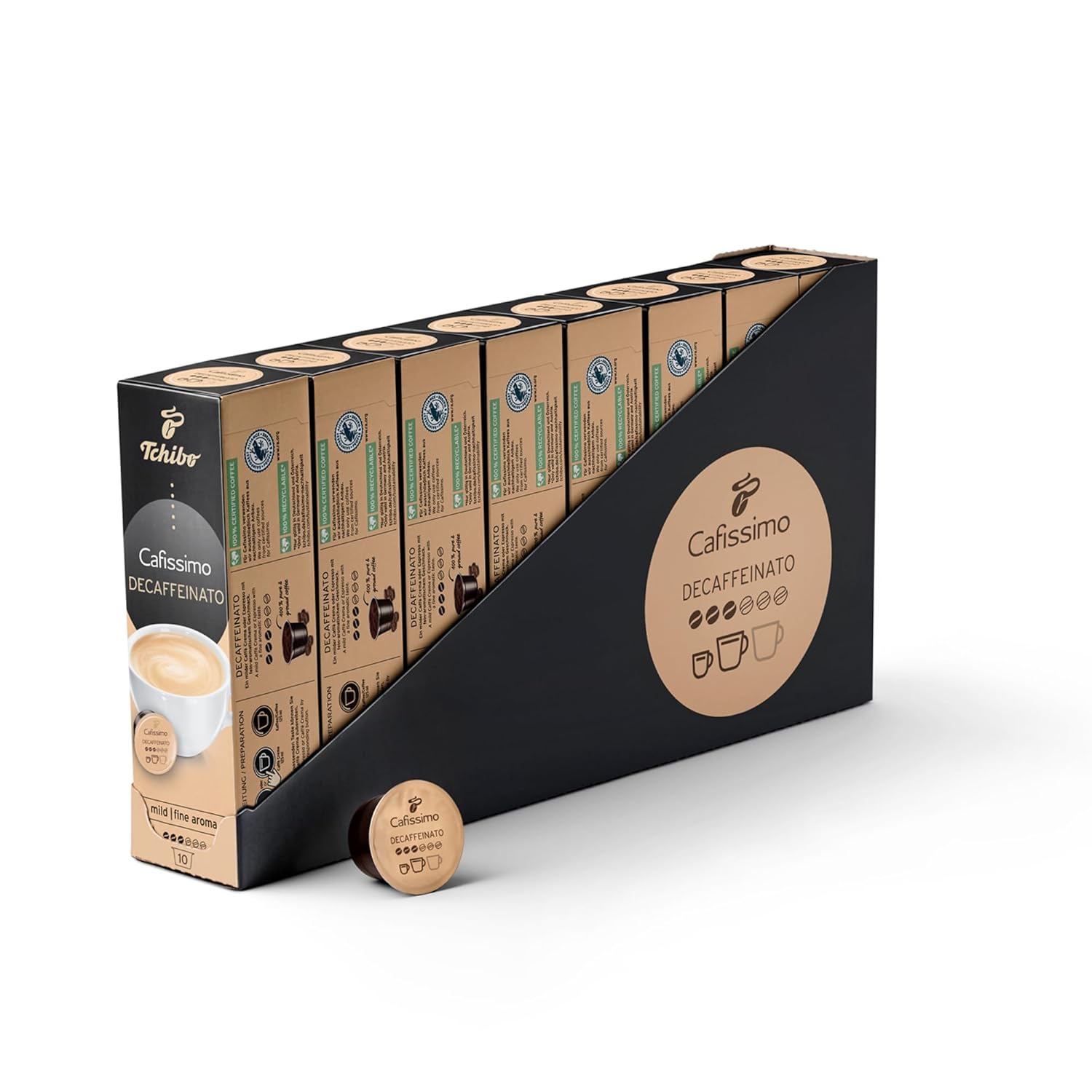 Tchibo Cafissimo Storage Box Caffè Crema Decaffeinated Coffee Capsules, 80 Pieces - 8 x 10 Capsules (Coffee, Mild with Fine Aroma), Sustainable & Fair Trade