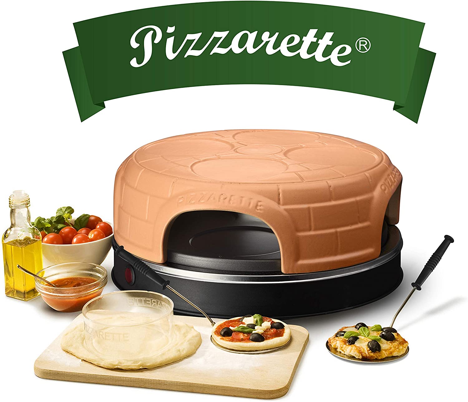 Emerio Pizza Oven, Pizzarette the Original, Handmade Terracotta Clay Cover, Patented Design, for Mini Pizza, Real Family Fun