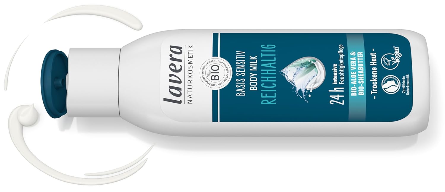 lavera basis sensitive Body Milk Rich - natural cosmetics - vegan - organic aloe vera & organic shea butter - 24 hour intensive moisturizing care - PETA certified - biodegradable - body milk - 250 ml