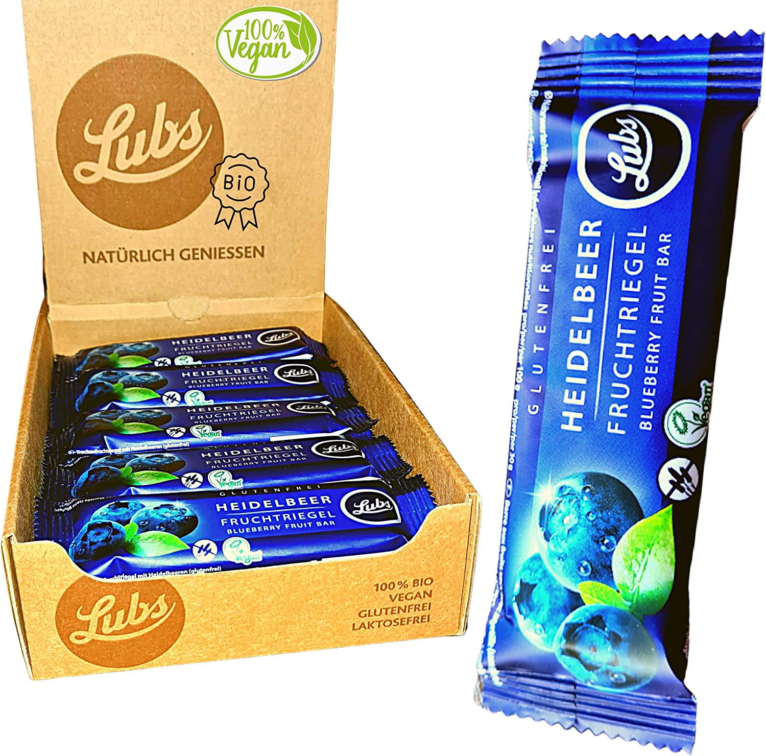 Snack Bag – 12 x 30 g Lubs Fruit Bar Blueberry | Organic & Vegan Bar | From Organic Agriculture | Fruit Bar with Fresh Fruit