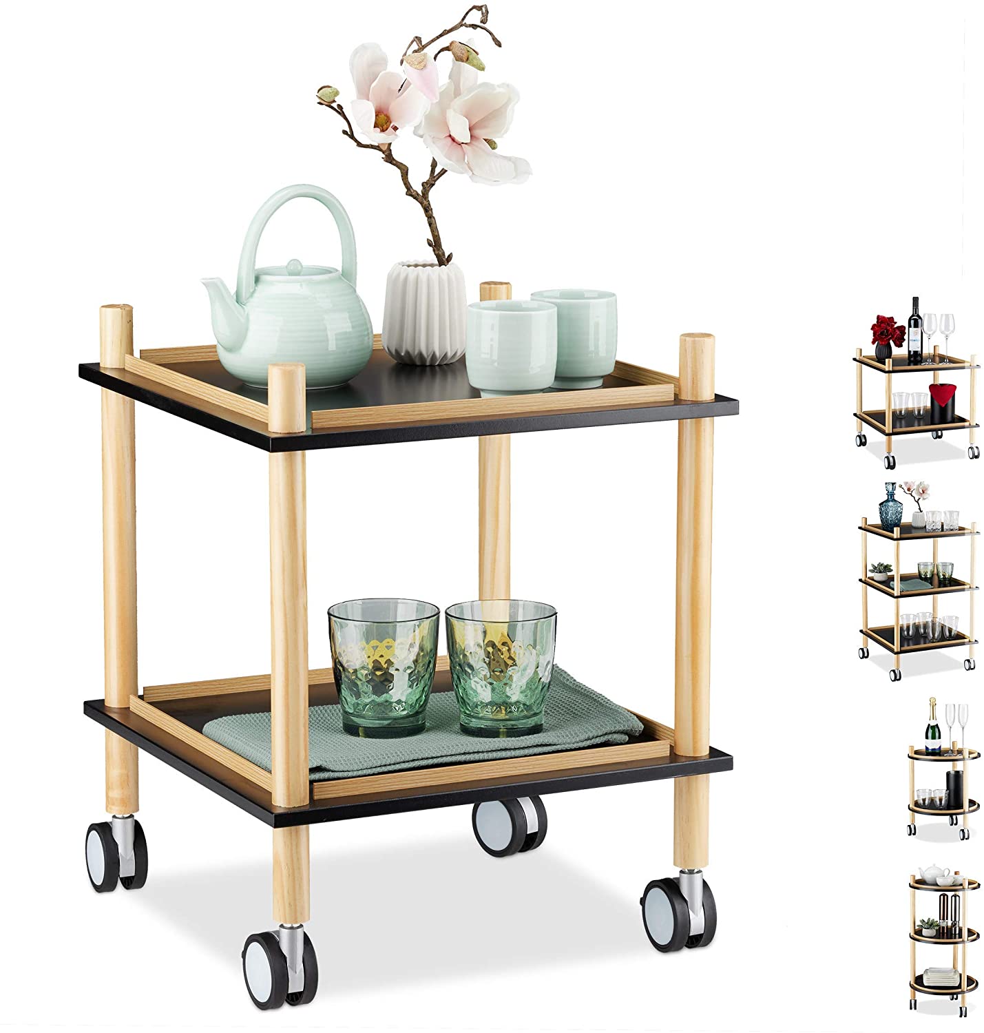 Relaxdays Side Table With Wheels, Round Or Square, 2-3 Levels, Wood, Mdf, S