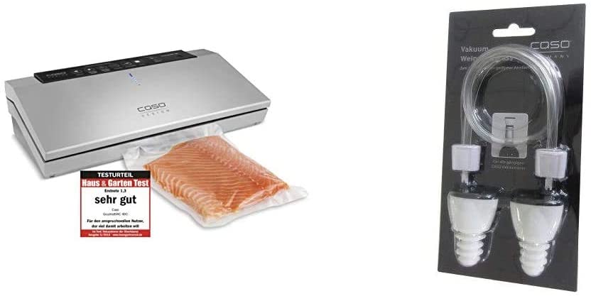 CASO GourmetVAC 480 - Vacuum Sealer, Piston Pump (20 L/min), Includes 10 Professional Foil Bags & Wine Stoppers Set of 2, Suitable for all CASO Vacuum Sealers, Get Opened Wine Airtight