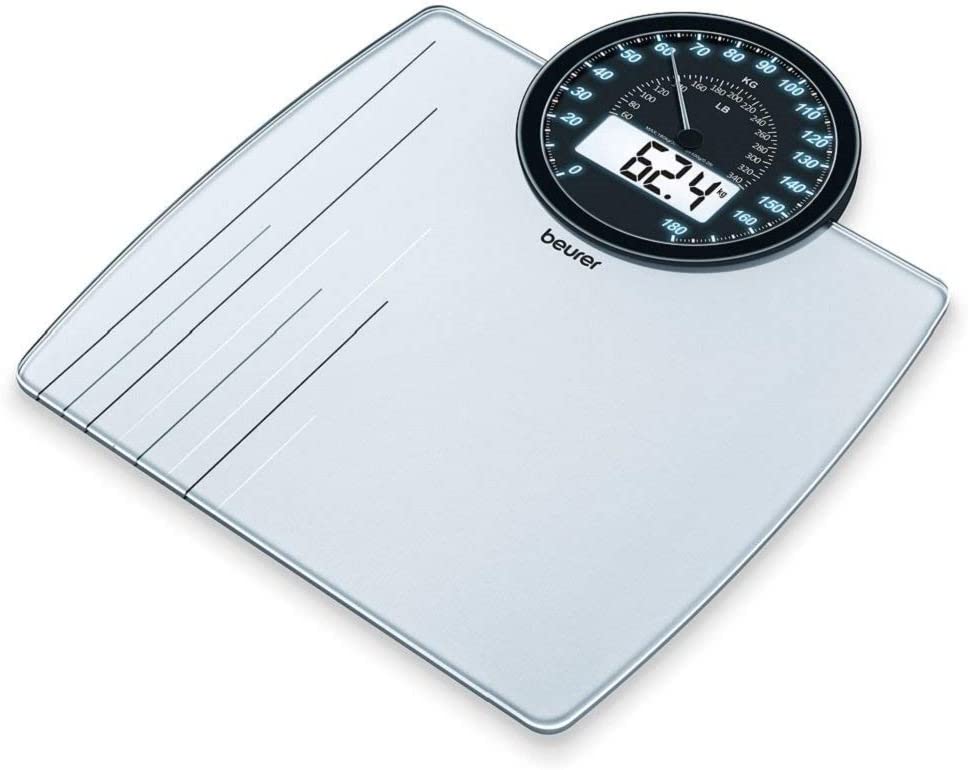 Beurer, GS 58 Glass Bathroom Scales with Round Cockpit Display with Analogue, Digital Display and Reminder Function for Comparable Weighing Results