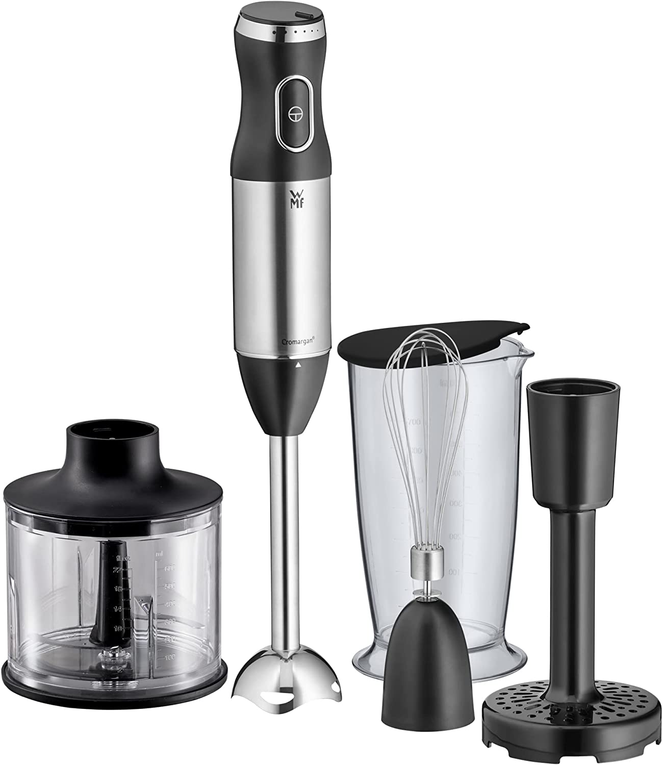 WMF Kult X Hand Blender Set 5 Pieces Including Purée Stick Whisk Masher Chopper 6 Watt Magic Wand with 7 ml Mixing Container Matte Stainless Steel