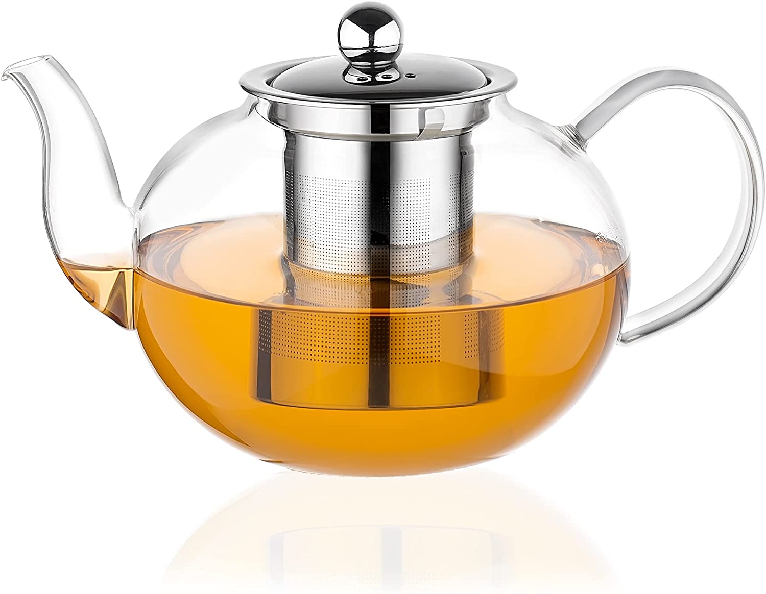 Amisglass Teapot Glass with Strainer 1300 ml, Large Glass Jug for Tea, Glass Tea Maker with Removable 18/8 Stainless Steel Strainer, Heat Resistant and High Quality, Ideal for Preparing Loose Tea