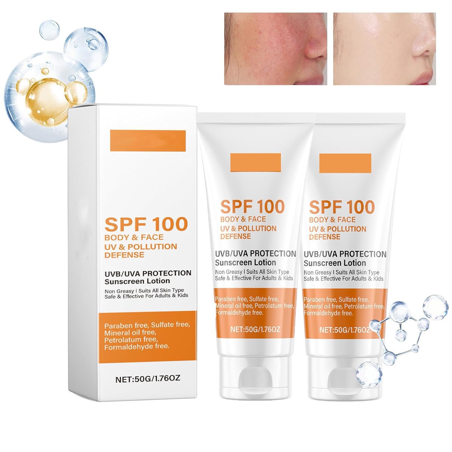 Sunscreen SPF 100, Sunscreen SPF 100, Sunscreen Lotion, Sun Lotion with UVA/UVB Protection, Moisturizing, Anti-Aging Sun Cream for Face and Body, Non-Greasy, Waterproof (2PC)