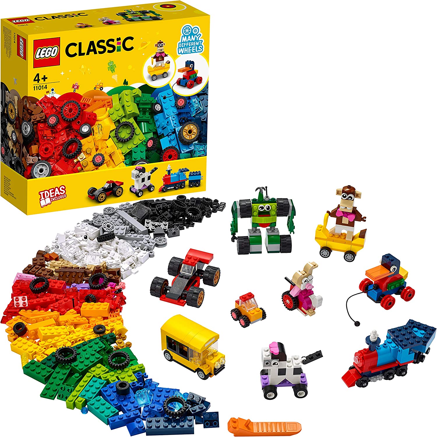 LEGO 11014 Classic Stone Box with Wheels Starter Construction Kit for Children from 4 Years with Toy Car, Train, Bus, Robot and More
