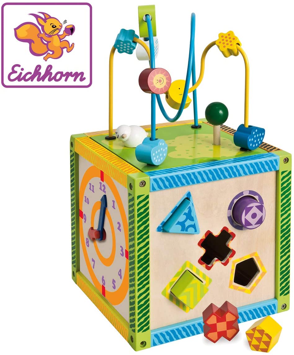 Eichhorn 100002235 Colourful Activity Centre, Motor Skills Cube with Bead Maze, Clock, Motor Skills Game, Spinning Game and 5 Blocks to Sort, for Children from 1 Year, Size: 20 x 20 x 36 cm