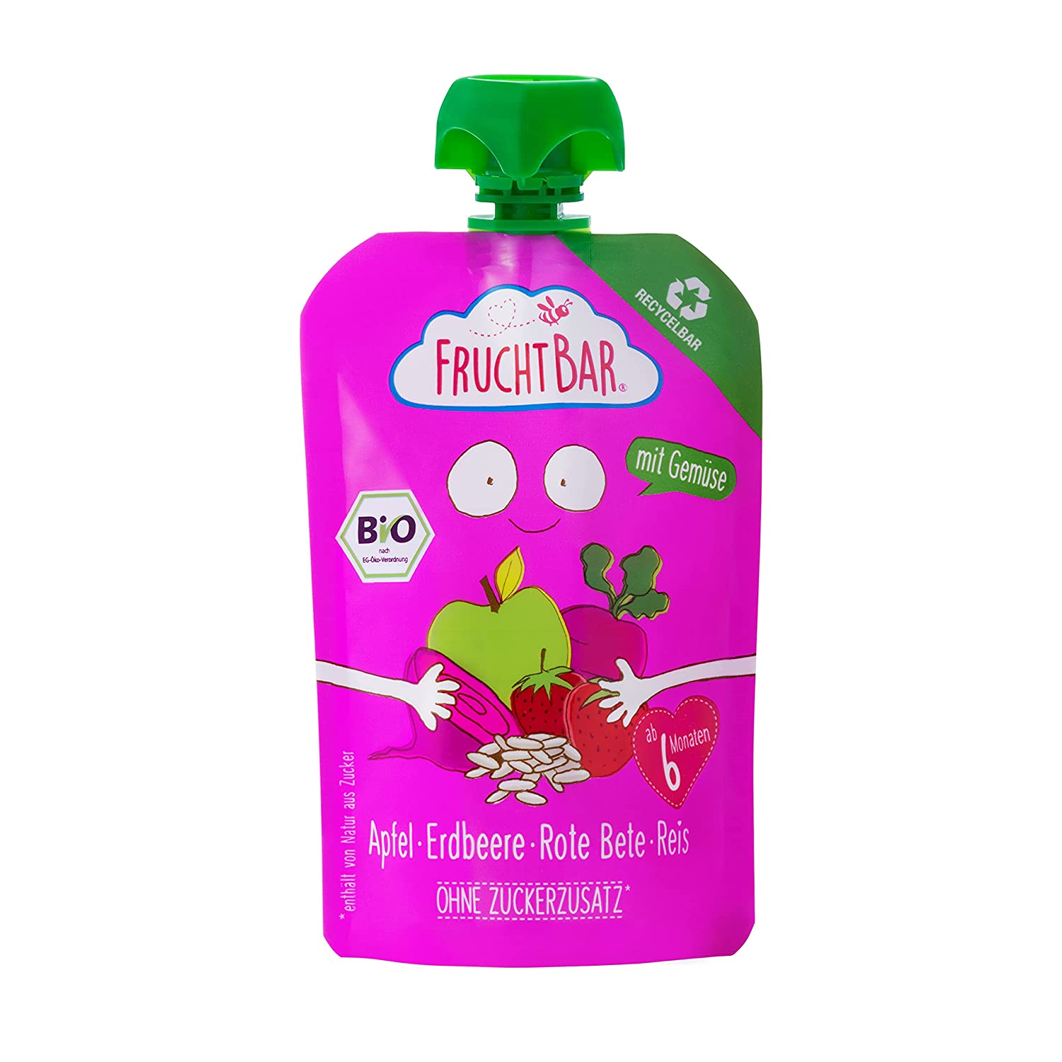 FruchtBar – Bio-Fruchtpüree Apfel, Erdbeere, Rote Bete, Reis; 8x 100 g