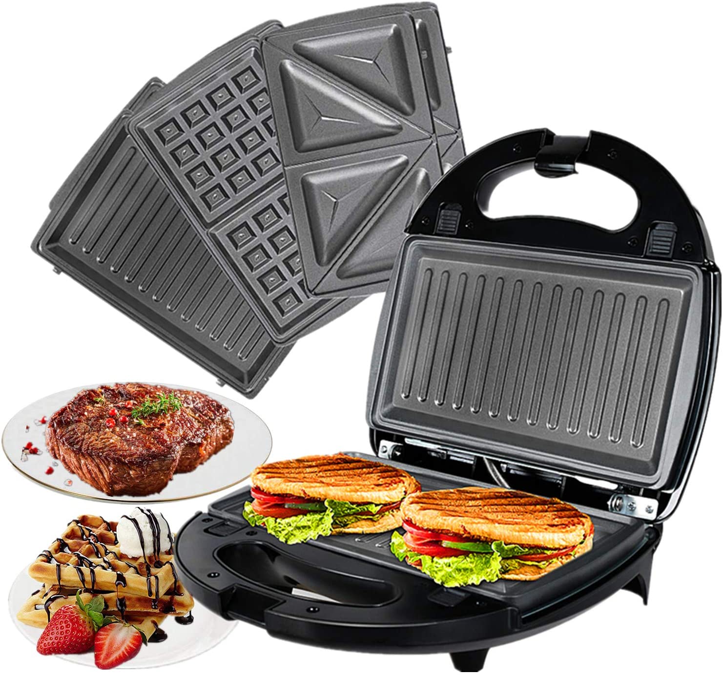 OZAVO Sandwich Maker 3 in 1, Waffles, Panini Toaster, 3 Removable Grill Plates, Table Grill for Toast, Waffles, Meat, Black, 750W