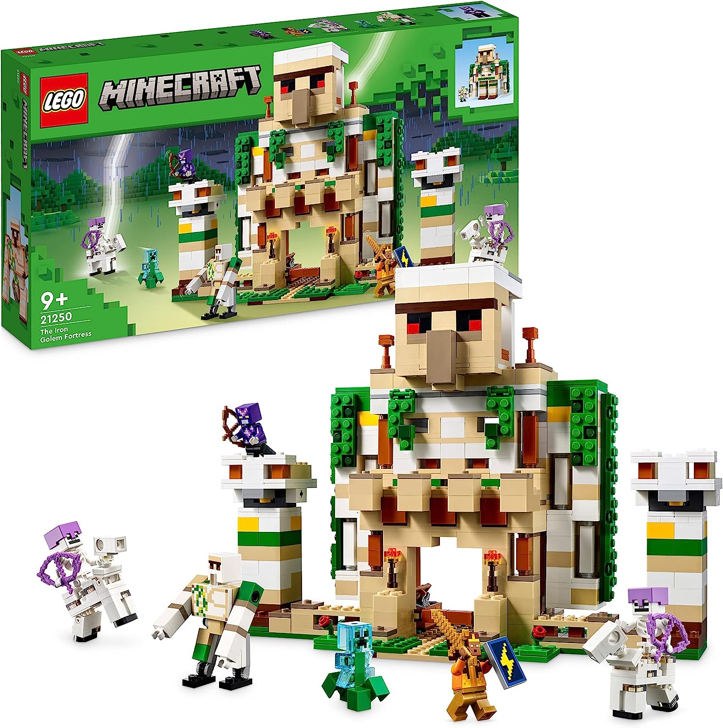 LEGO 21250 Minecraft The Iron Golem Fortress, Buildable Castle Toy, Convertible into a Large Figure, with 7 Figures Including Crystal Knight, Skeleton Rider and A Loaded Creeper