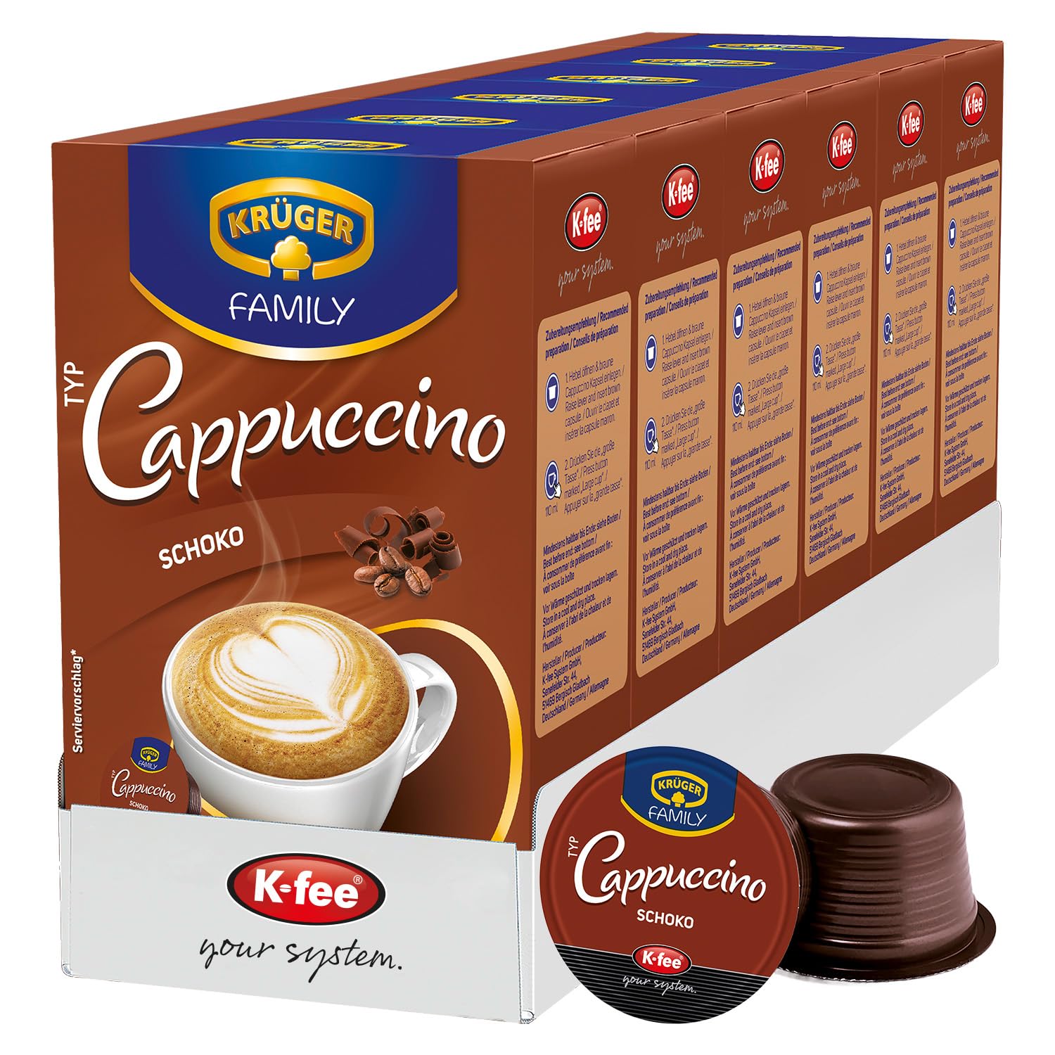 KRÜGER Cappuccino Chocolate Coffee Capsules, Flavored Instant Coffee, Compatible with K-fee Capsule Machines, Pack of 6 (6 x 16 Capsules)