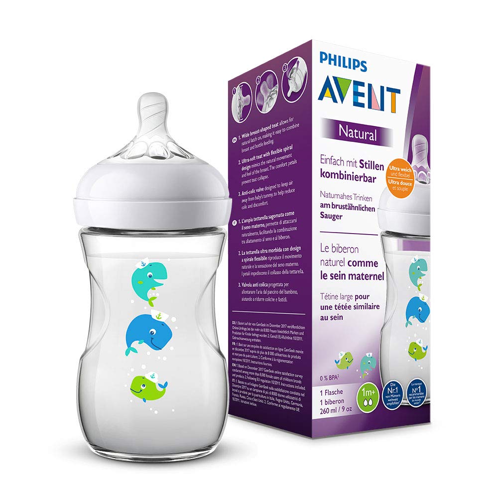 Philips Avent Natural bottle SCF070 / 23, 260 ml, natural drinking behavior, anti-colic system, whale, 1 pack