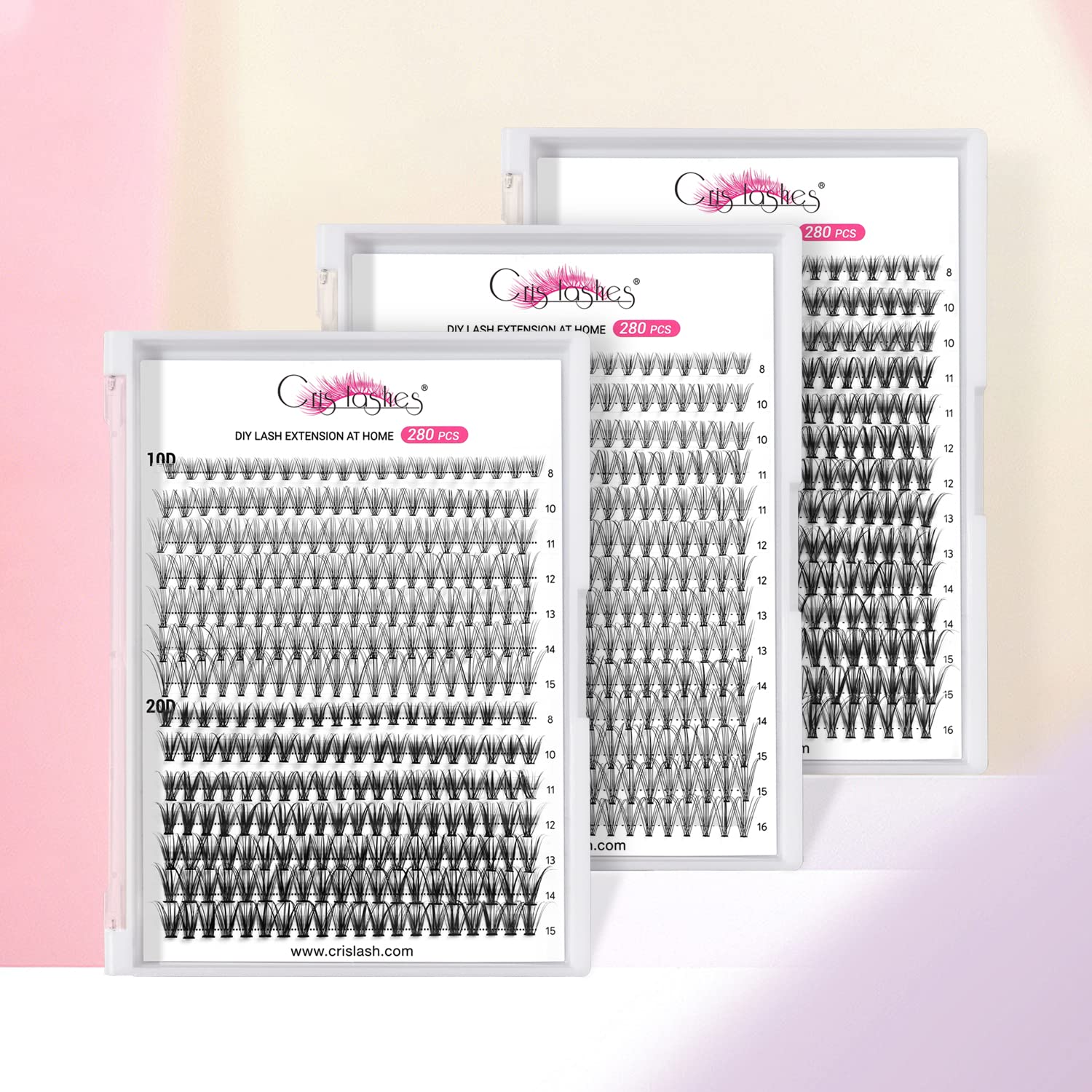 Eyelashes, Individual 280 pieces Crislashes, 10D 0.10C Curl, 8–16 mm, DIY Individual Lashes, Cluster Eyelashes (10D 0.10C 8–16)