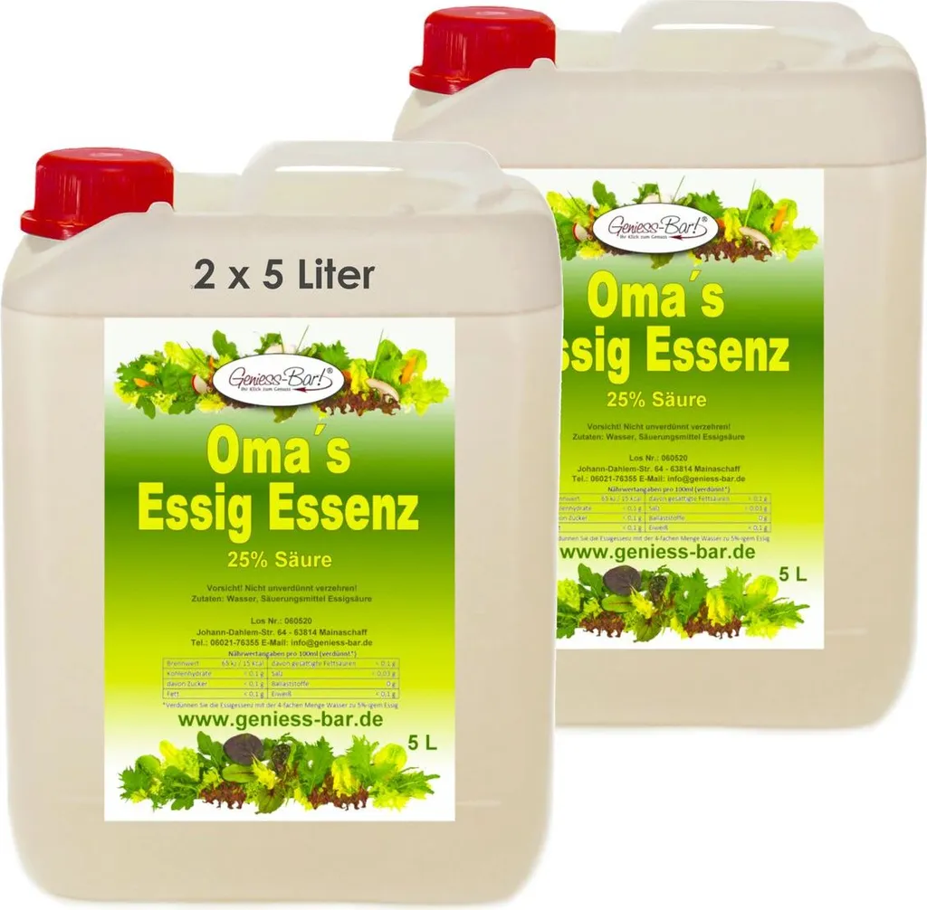 2x 5L Grandma's vinegar essence 25% acid Our taste winner for the good kitchen & household / Descaling / Cleaning without chemicals with vinegar essence