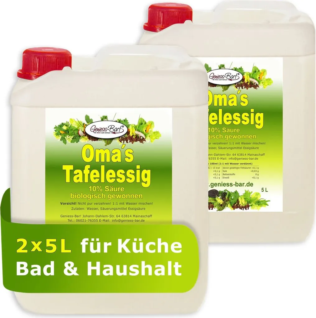 2x 5L Grandma's Table Vinegar 10% Acidity / Taste Winner for Good Cooking / Organically Produced / Shine in the Bathroom / Descaling Without Chemicals / Premium Household Vinegar