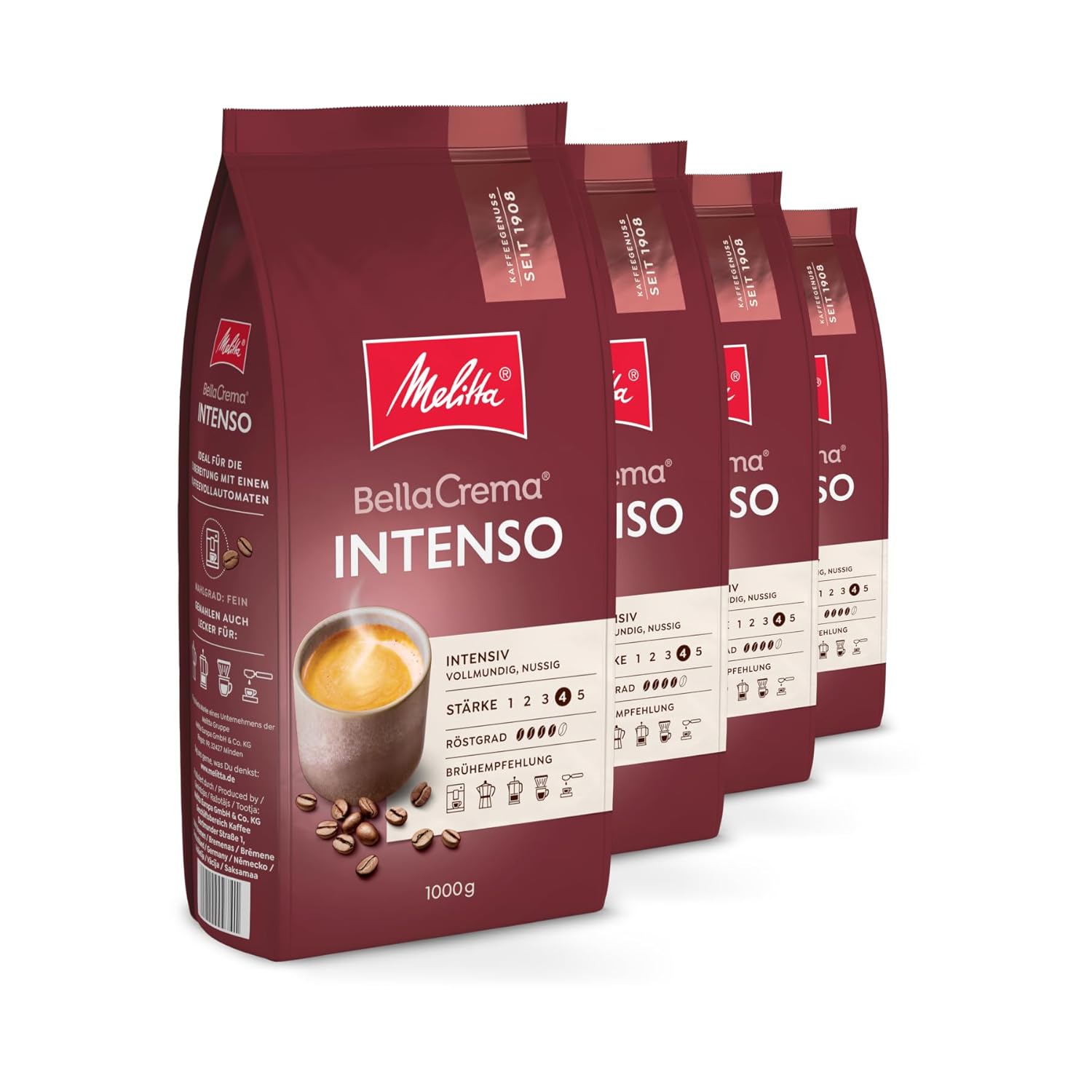 Melitta BellaCrema Intenso Whole Coffee Beans 4 x 1 kg, Unground, Coffee Beans for Fully Automatic Coffee, Strong Roasting, Roasted in Germany, Strength 4, in Tray