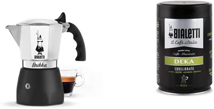 Bialetti New Brikka Coffee Machine, 4 Cups (170 ml), Creamy Espresso as in the Bar, Not Suitable for Induction Hobs, Aluminium & Ground Coffee, Decaffeinated (Deka), 250 g