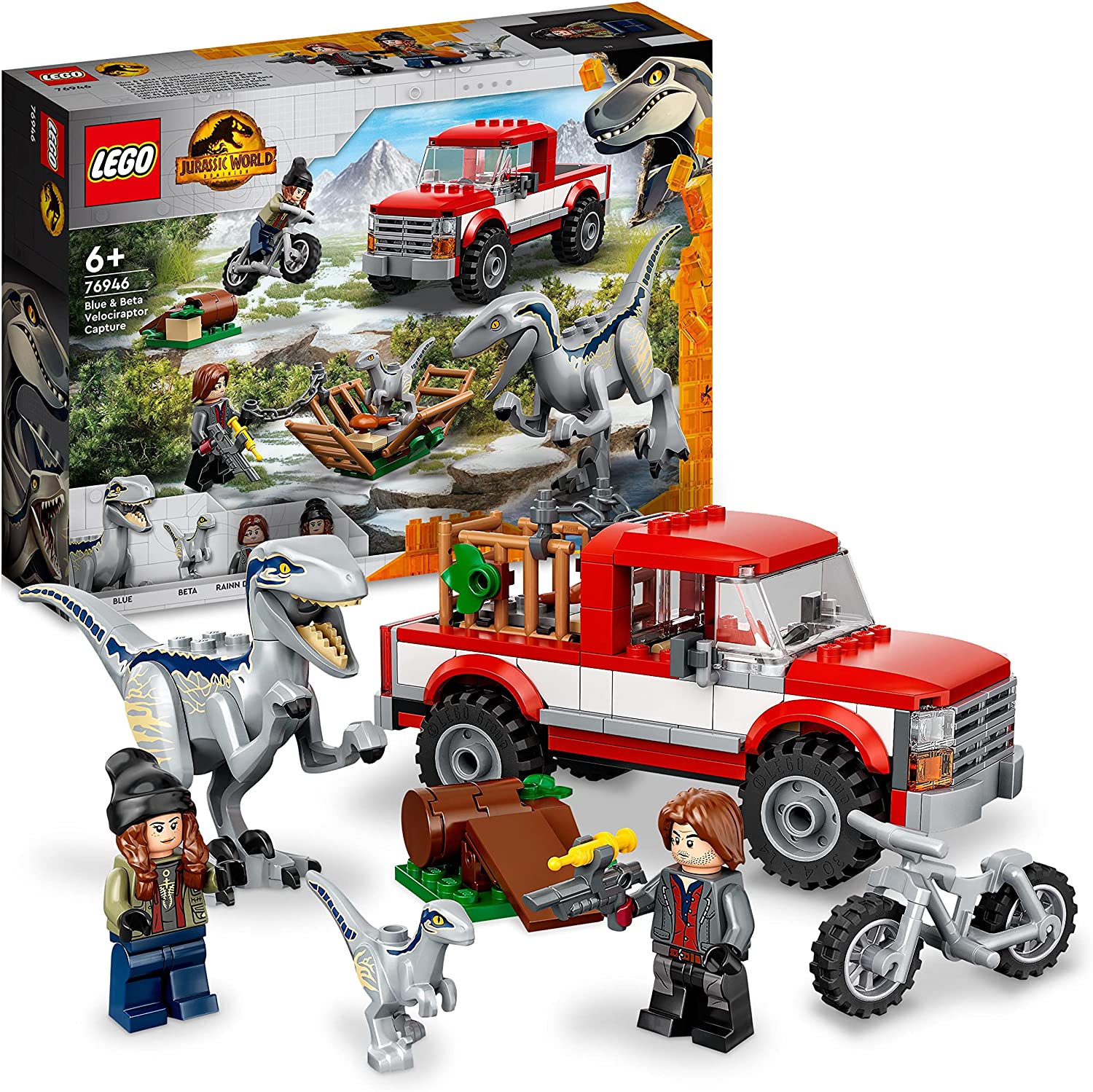LEGO 76946 Jurassic World Blue & Beta in the Velociraptor Trap, Toy Car with Dinosaur Figures for Children from 6 Years