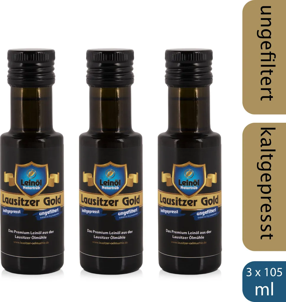 3 x Lausitzer Leinöl - Lausitzer Gold (kaltgepresstes ungefiltertes Premium Leinöl), 3x 105ml
