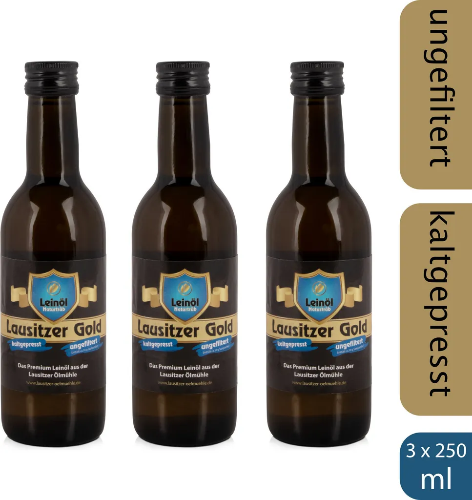 3 x  Lausitzer Leinöl - Lausitzer Gold (kaltgepresstes ungefiltertes Premium Leinöl), 3x 250ml
