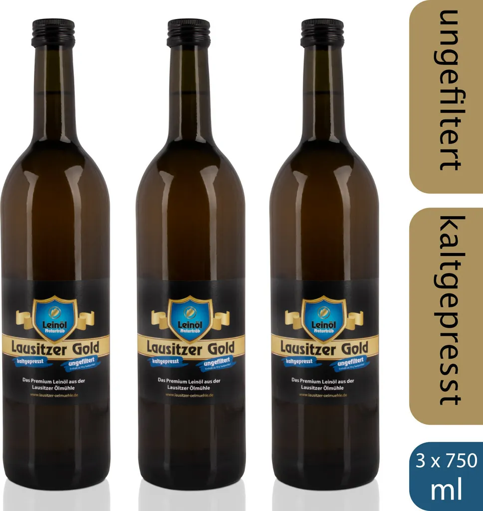 3 x Lausitzer Leinöl - Lausitzer Gold (kaltgepresstes ungefiltertes Premium Leinöl), 3x 750ml