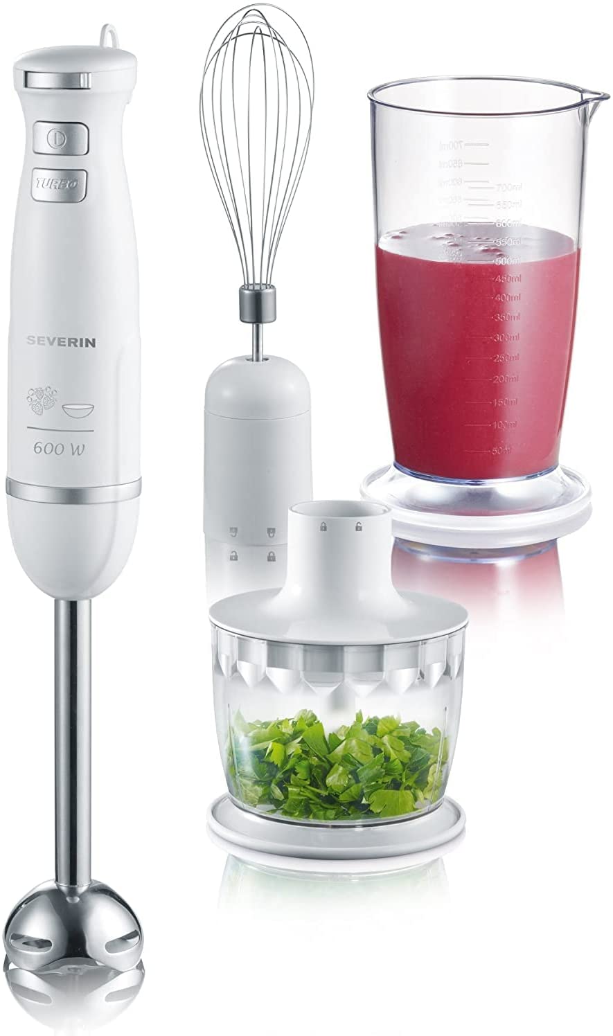 Severin Hand Blender Set, Approx. 600 W, Incl. SM 3798 Mixing Cup with Lid, Whisk, Wall Mount, Stainless Steel, White