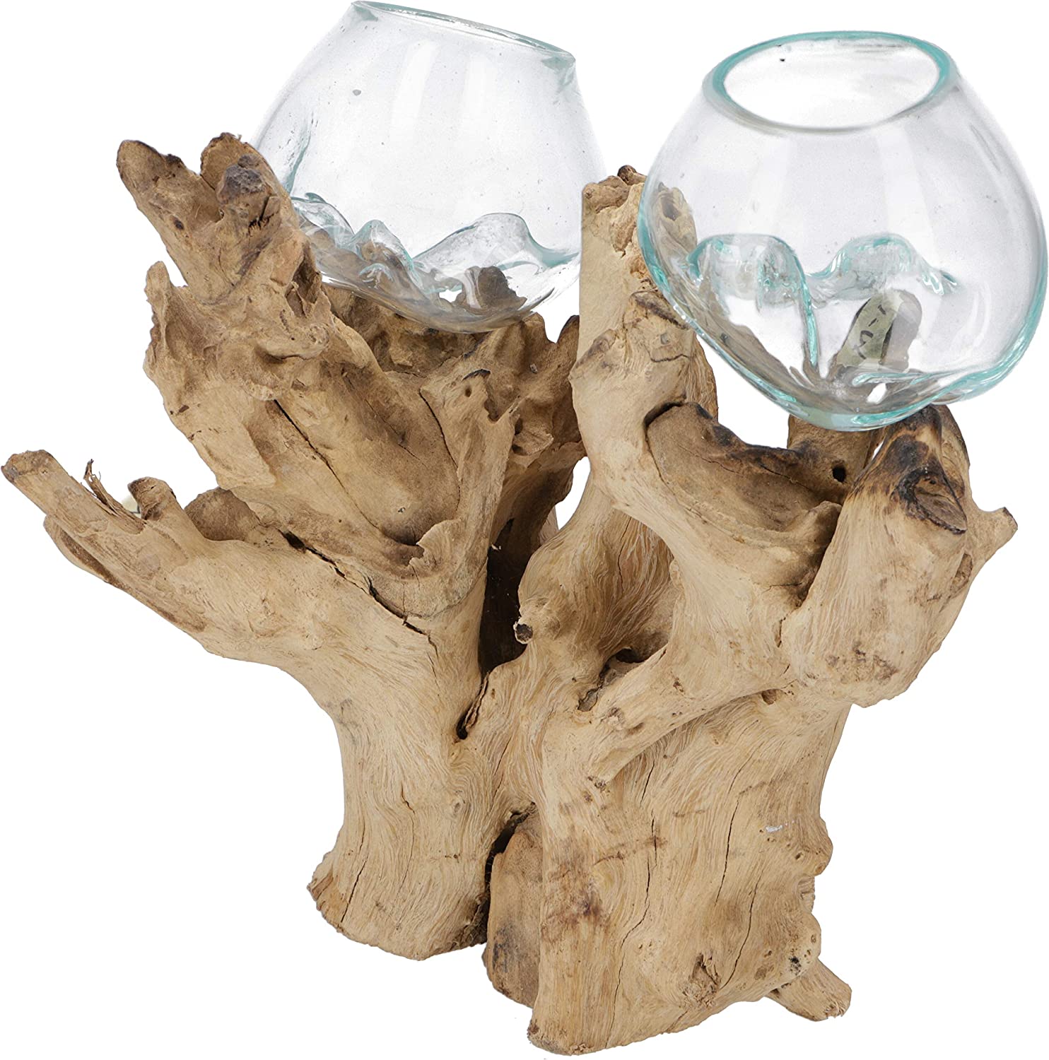 Guru-Shop GURU SHOP Exotic Burl Wood Vase with 2 Glasses - 2 x Glass Diameter up to 10 cm, Brown, Vases & Flower Pots