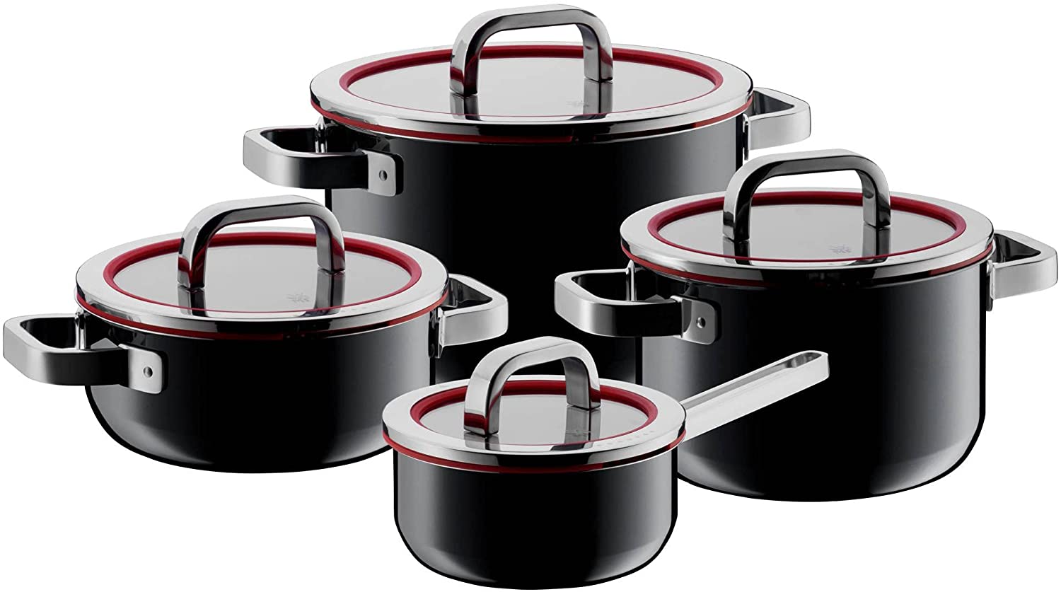 WMF Fusion 4-Piece Saucepan Set with Lid Stainless Steel Silicone Rim with Pouring Function in Black