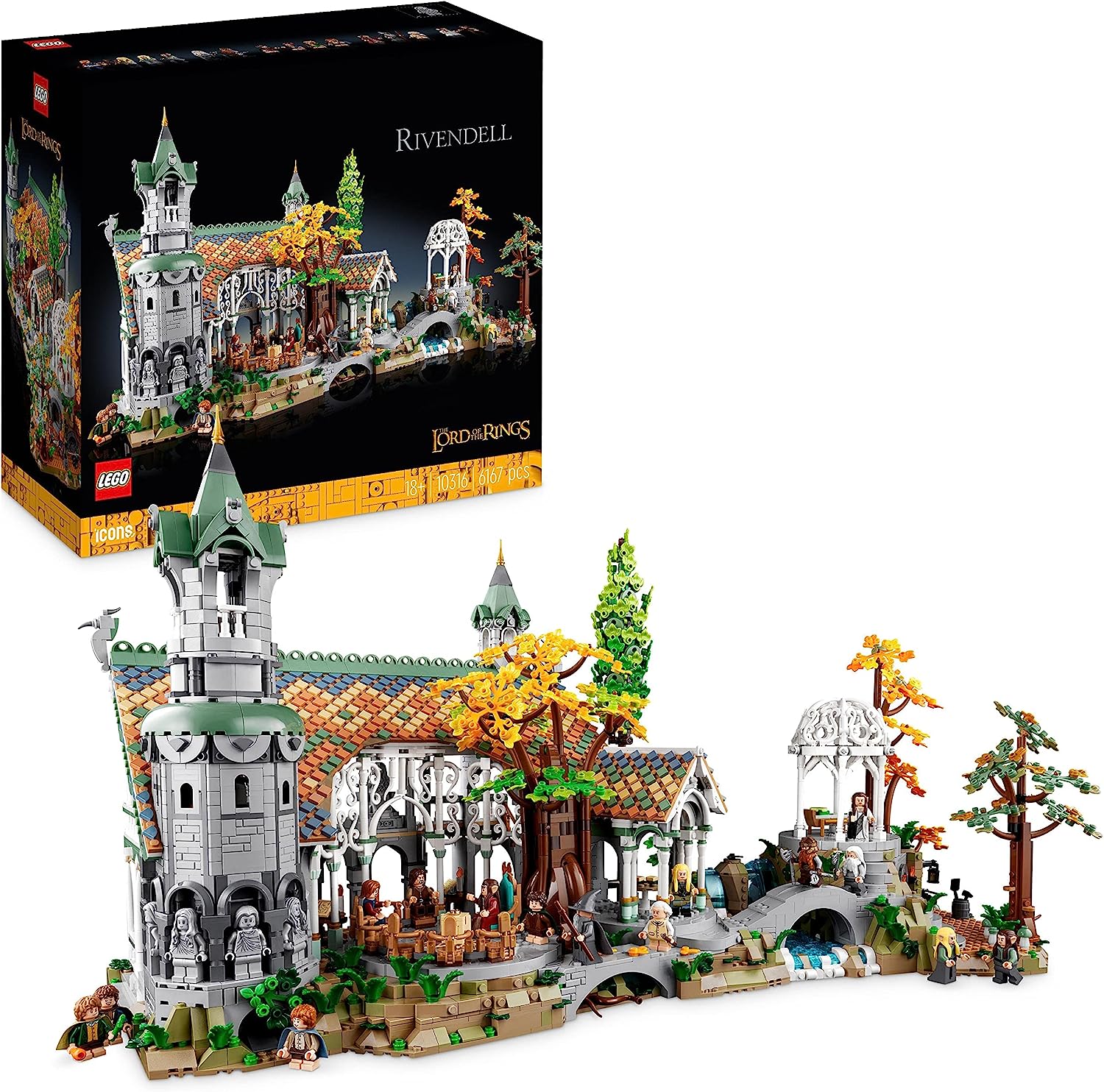 LEGO 10316 Icons the Lord of the Rings: Bruchtal, Large Set of 15 Minifigures, Including Frodo and Sam, Adult Fan Items, Build and Display The Valley of Middle Earth (Amazon Exclusive)